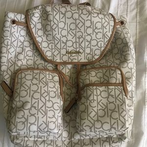 White and Beige Calvin Klein Logo Backpack